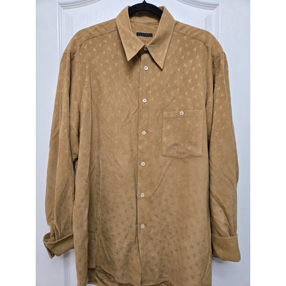 Vintage Bertone Mens Button Shirt Large/ XL Tan Faux Suede Microfiber Monogram